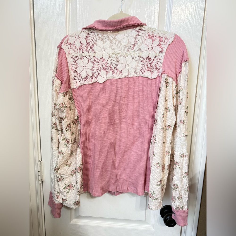 H175 New POL S pp24 Pink and Cream Patchwork detail Lace Button-Up Jacket Top - Picture 11 of 16